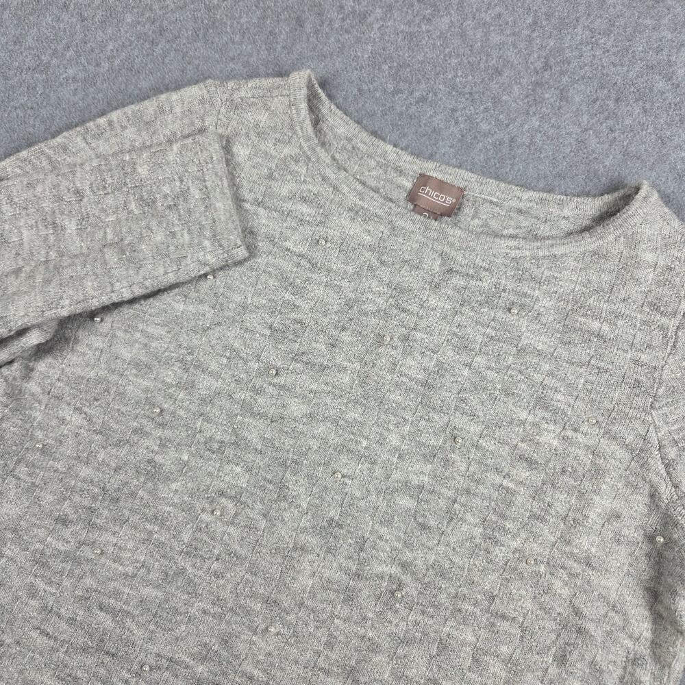 Chico's 2 US L/12 Gray Lightweight Crewneck Sweater with Pearl Embellishments